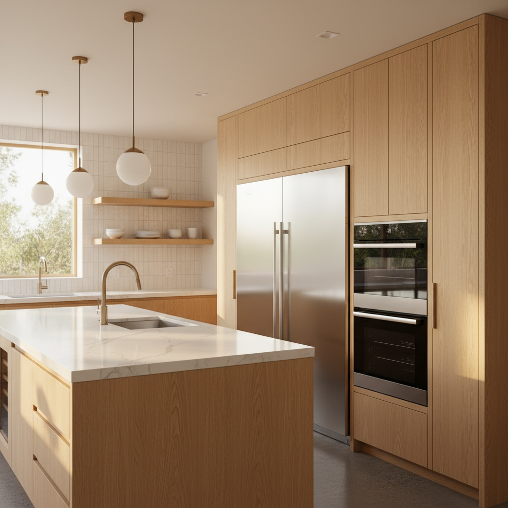 Upscale Campbell kitchen with integrated refrigerator and wall oven