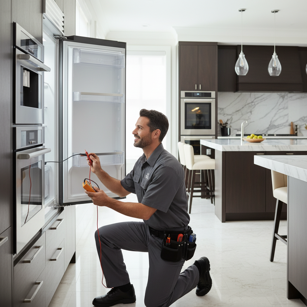 Professional technician inspecting a Thermador built-in refrigerator